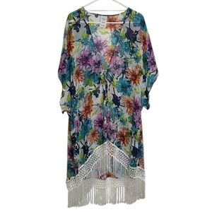 NWT Catalina Size 1X Kimono Style Fringed Floral Bathing Suit Coverup